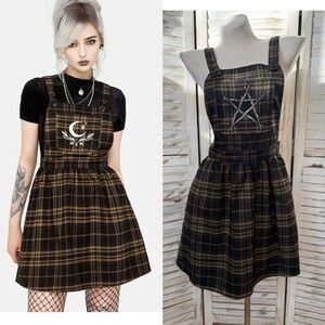 Disturbia Artume Embroidered Check Mini Pinafore Dress Plaid Star Embroidery 4